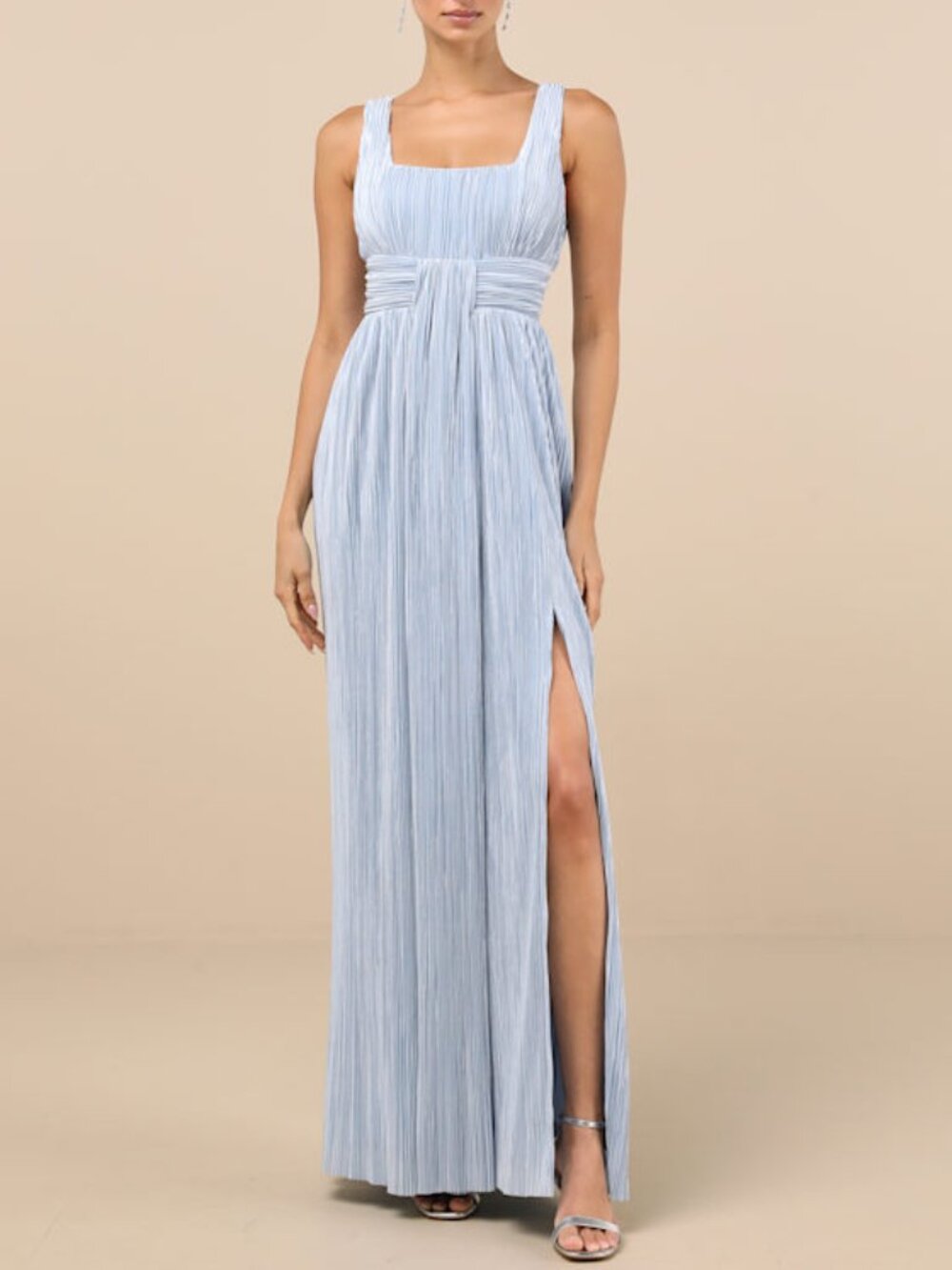 Lulus Ameena Light Blue Plisse Square Neck Sash Maxi Dress - Size M